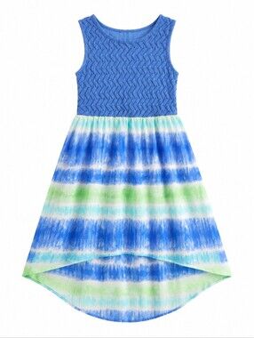 Girls' Striped Casual Dress in Blue, Green & White